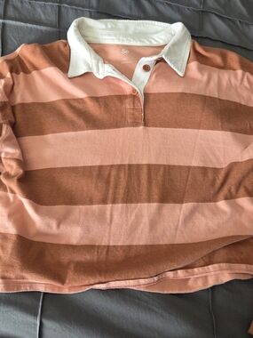 So Pink and Brown Striped Rugby Cropped Polo Shirt